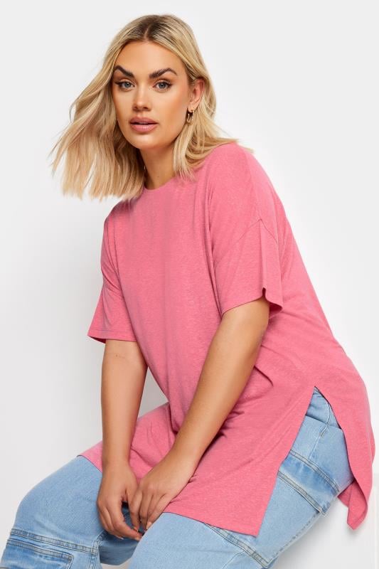 Plus Size  YOURS Curve Pink Oversized Linen T-Shirt