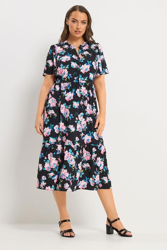 YOURS Curve Black Floral Half Placket Dress