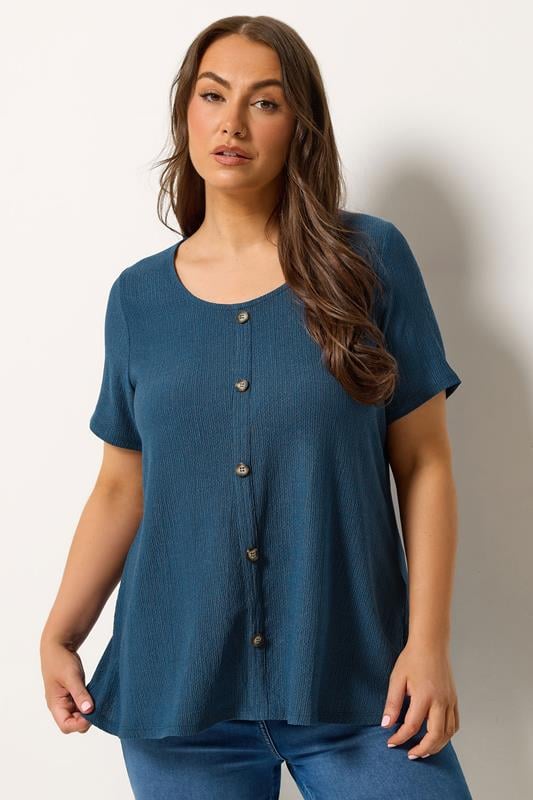 YOURS Plus Size Blue Crinkle T-Shirt | Yours Clothing 1