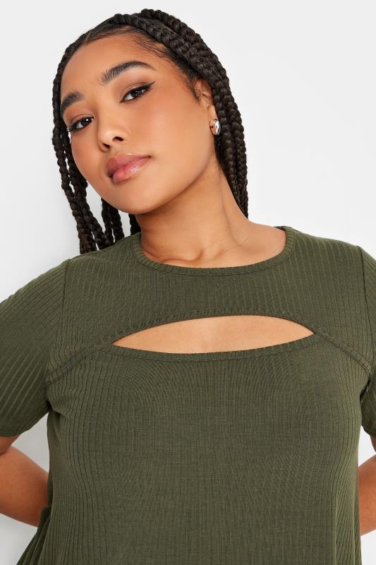YOURS Plus Size Khaki Green Ribbed Cut Out T-Shirt | Yours Clothing 4