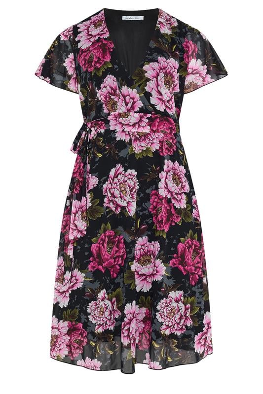YOURS LONDON Plus Size Black & Pink Floral Wrap Dress | Yours Clothing 5