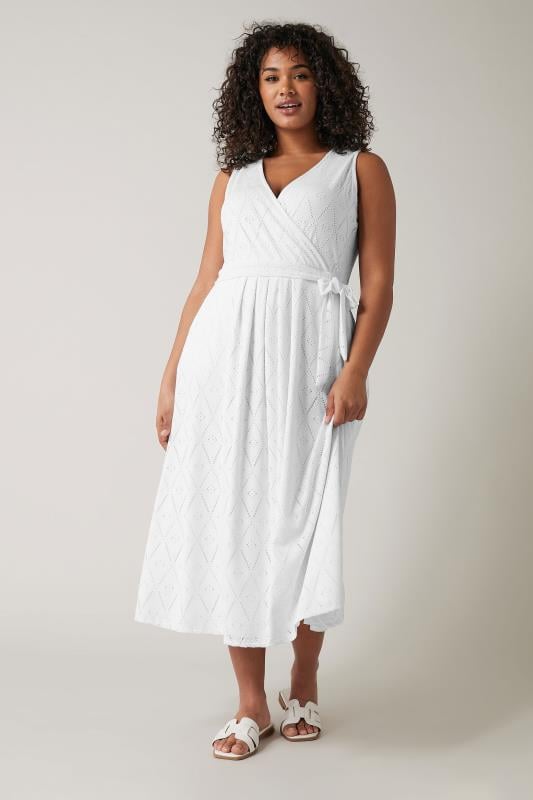 EVANS Plus Size White Broderie Anglaise Wrap Dress | Evans 1