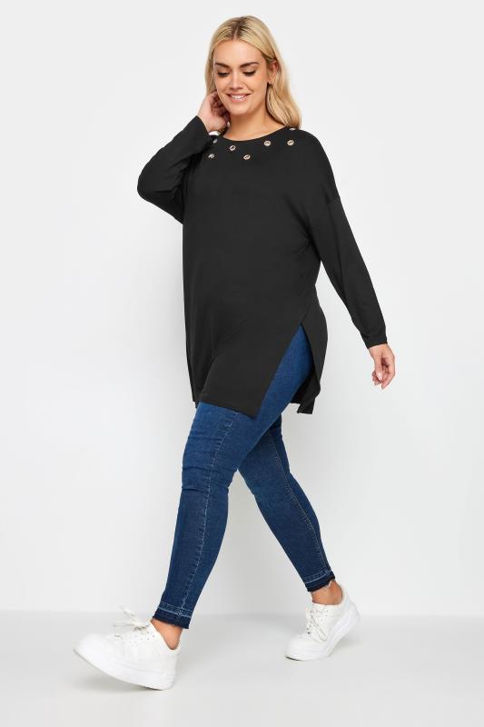 YOURS Plus Size Black Eyelet Detail Oversized Long Sleeve T-Shirt | Yours Clothing 2