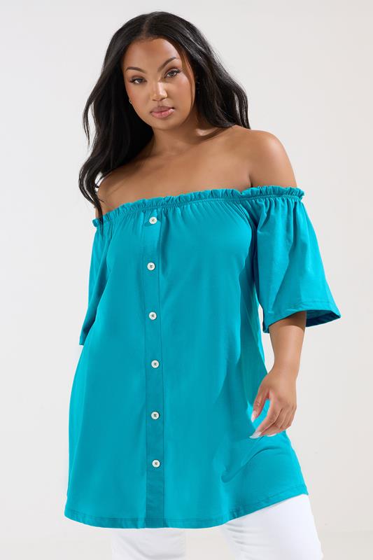 YOURS Plus Size Blue Button Front Frill Bardot Top | Yours Clothing 1