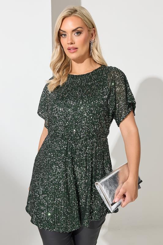 Plus Size  YOURS LONDON Curve Green Peplum Sequin Top