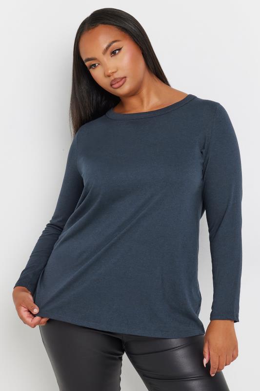 YOURS Plus Size Navy Blue Marl Long Sleeve Top | Yours Clothing 1