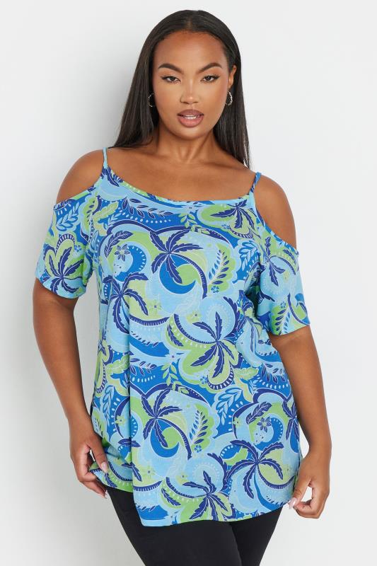 YOURS Plus Size 2 PACK Blue & Black Swirl Print Cold Shoulder Tops | Yours Clothing  2