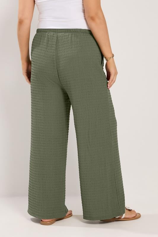 YOURS Plus Size Khaki Green Wide Leg Crinkle Trousers | Yours Clothing 2