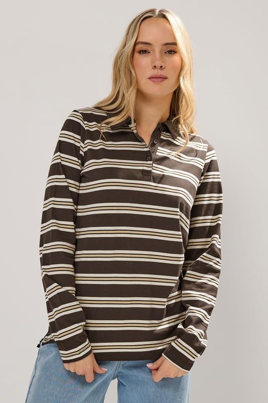 LTS Tall Chocolate Brown Cotton Striped Jersey Polo Top