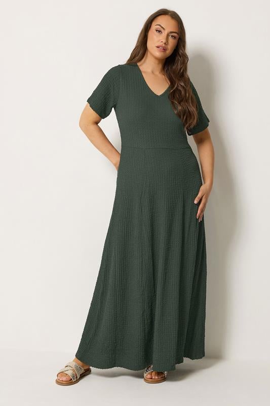  YOURS Curve Khaki Green Textured Maxi Dress