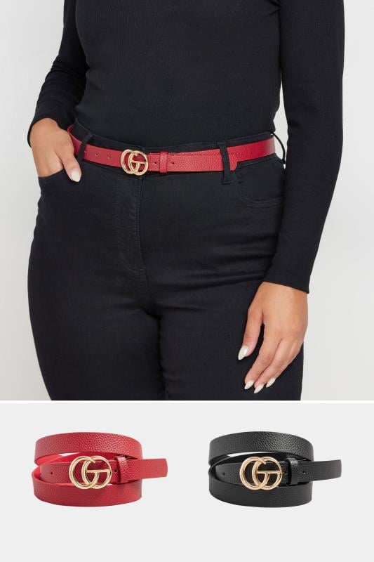 2 PACK Black & Red Gold Buckle Belts | Yours Clothing 1