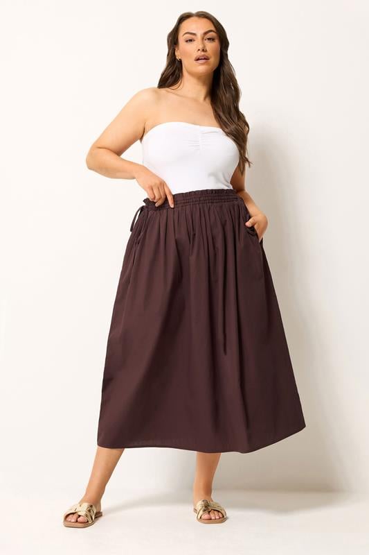 YOURS Plus Size Chocolate Brown Poplin Midi Skirt | Yours Clothing 1