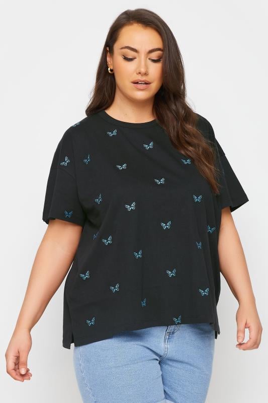 YOURS Plus Size Black Embroidered Butterfly T-Shirt | Yours Clothing 1