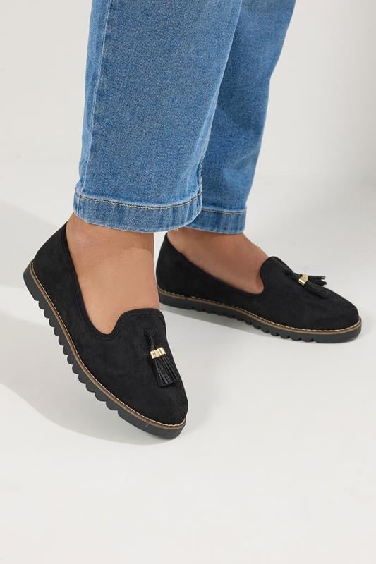 Black Faux Suede Tassel Slip On Loafers In Wide E Fit | Yours Clothing 1