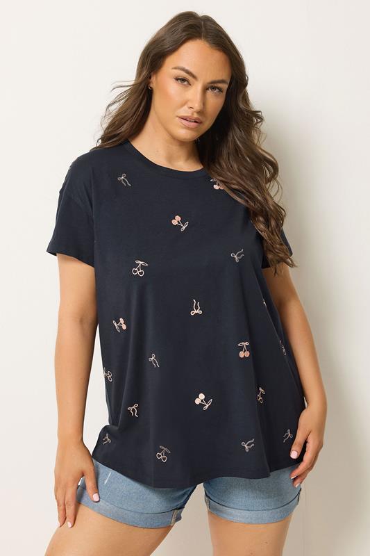 YOURS Curve Navy Blue Embroidered Cherry Bow T-Shirt
