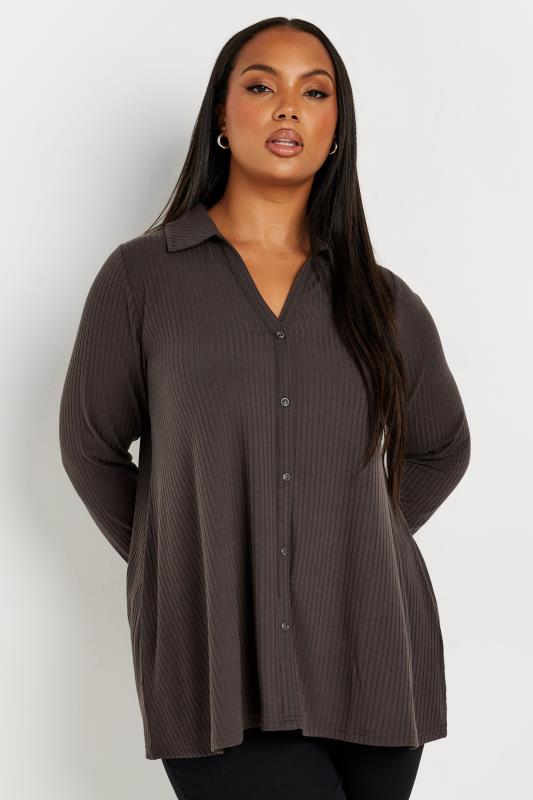 YOURS Plus Size Brown Ribbed Button Front Long Sleeve Collared Top | Yours Clothing 1