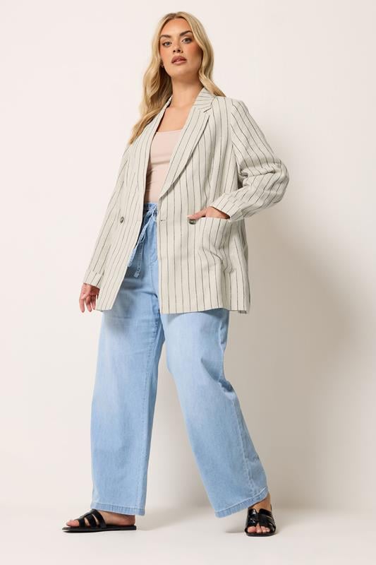 YOURS Plus Size Beige Brown Stripe Tailored Linen Blazer | Yours Clothing 1