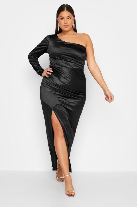 LTS Tall Black One Shoulder Satin Maxi Dress | Long Tall Sally  2