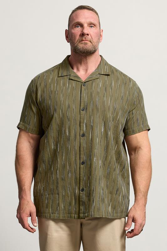 BadRhino Big & Tall Khaki Green Knitted Detail Revere Shirt | BadRhino 1