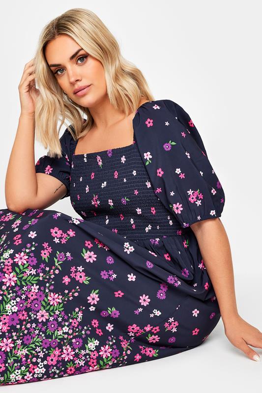 Yours Plus Size Navy Blue Floral Border Print Shirred Midi Dress | Yours Clothing 4