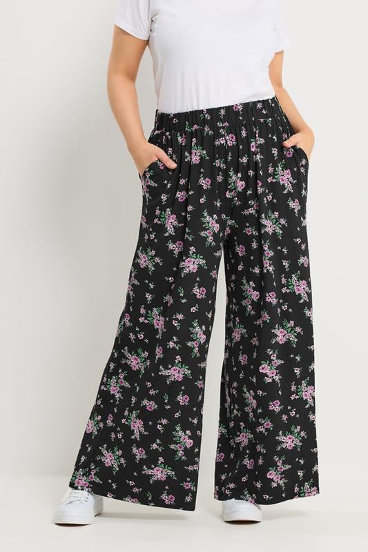  YOURS Curve Black Floral Jersey  Wide Leg Trousers