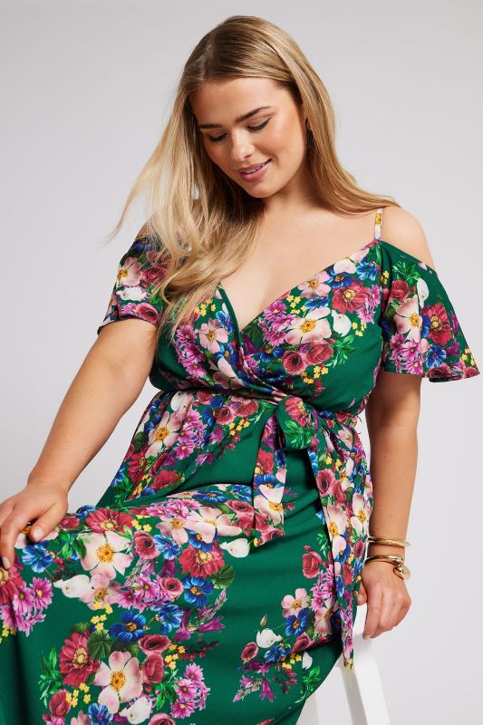 YOURS LONDON Plus Size Green Floral Print Cold Shoulder Wrap Dress | Yours Clothing 1