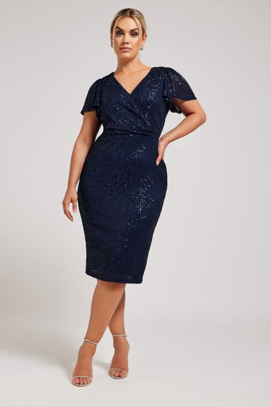 YOURS LONDON Plus Size Navy Blue Sequin Embellished Wrap Dress | Yours Clothing 1