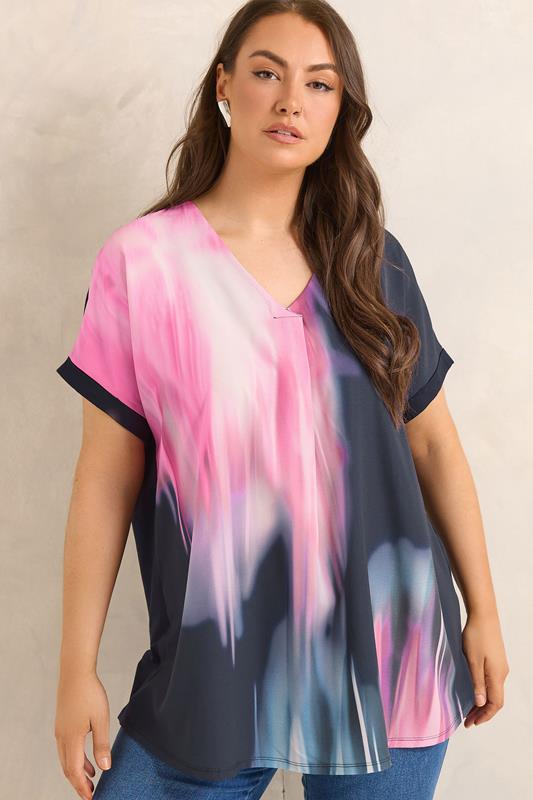  EVANS Curve Navy Blue & Pink Blurred Top