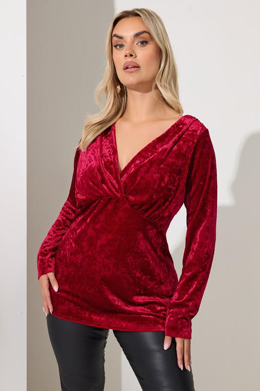 YOURS LONDON Curve Red Velvet Wrap Top
