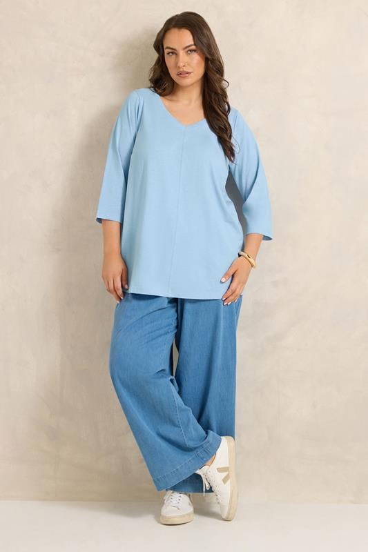 EVANS Plus Size Sky Blue V-Neck Cotton Top | Evans 1