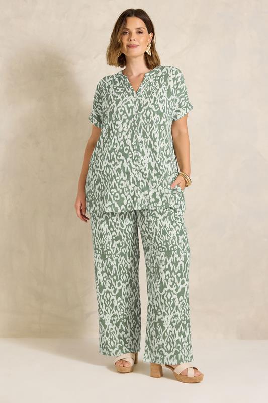 EVANS Plus Size Khaki Green Aztec Print Shirt | Evans 1
