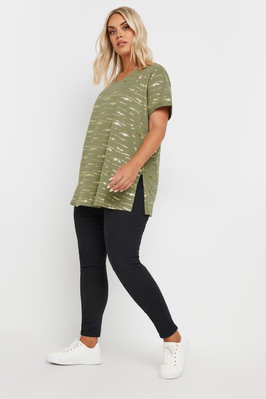 YOURS Plus Size Khaki Green Foil Print Top | Yours Clothing 2