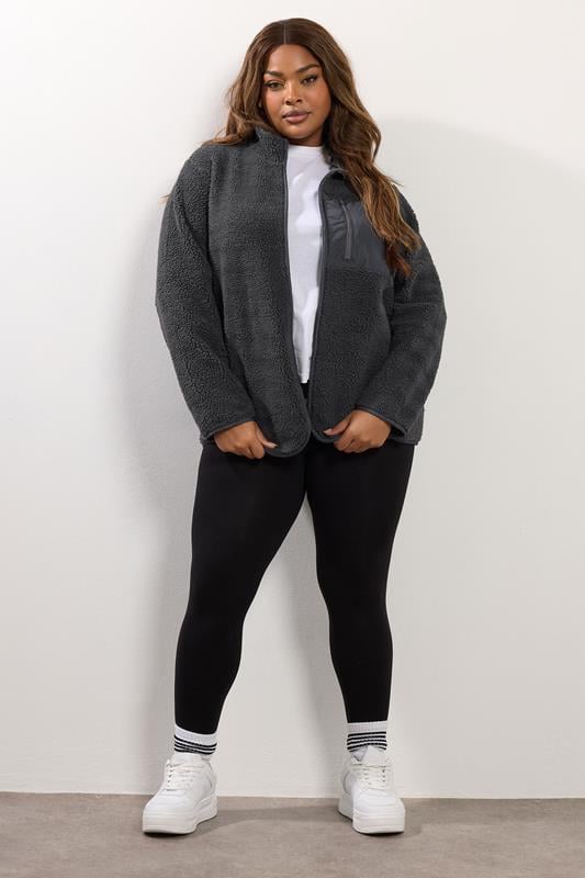 YOURS Plus Size Grey Pocket Teddy Fleece Jacket | Yours Clothing 2