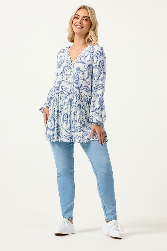 YOURS Plus Size Blue Paisley Print Ruffle Blouse | Yours Clothing 1