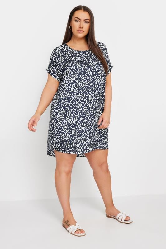 Plus Size  YOURS Curve Navy Blue Leopard Print Shift Dress