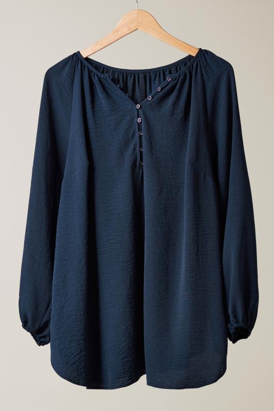 EVANS Plus Size Navy Blue Button Front Long Sleeve Blouse | Evans 6