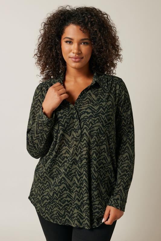 EVANS Plus Size Khaki Green Abstract Print Half Placket Shirt | Evans  1