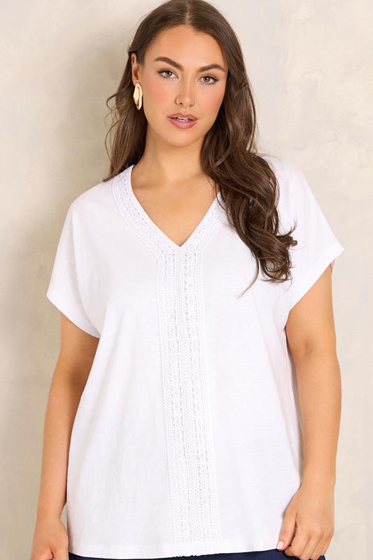  EVANS Curve White Cotton Crochet Trim Top