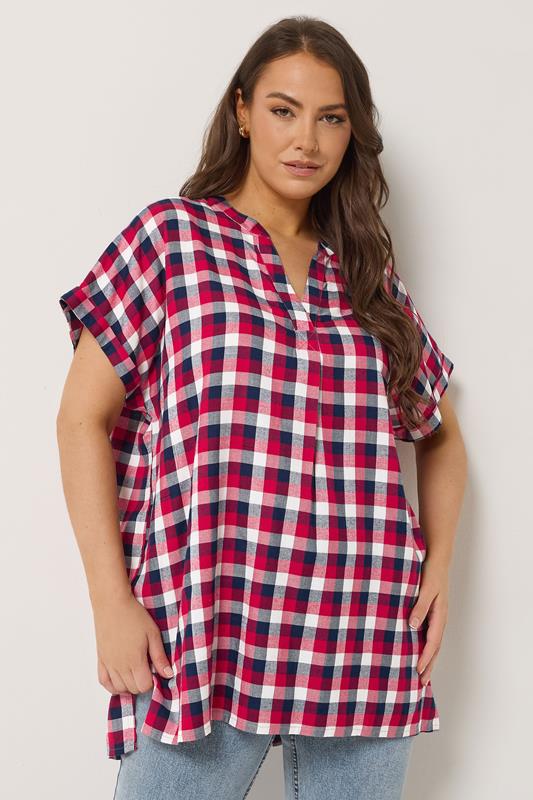  YOURS Curve Red Check Overhead Half Placket Shirt