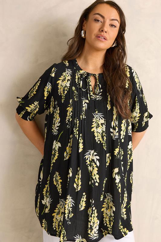  EVANS Curve Black Floral Print Pintuck Tie Neck Blouse