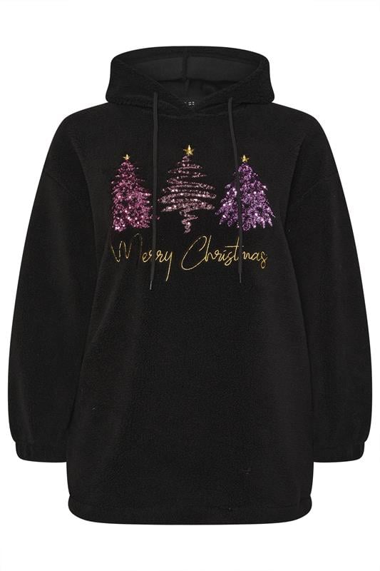 YOURS Plus Size Black 'Merry Christmas' Borg Novelty Hoodie | Yours Clothing 5