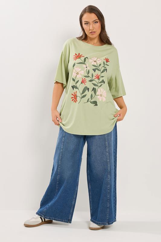 YOURS Plus Size Green Floral Graphic T-Shirt | Yours Clothing 1