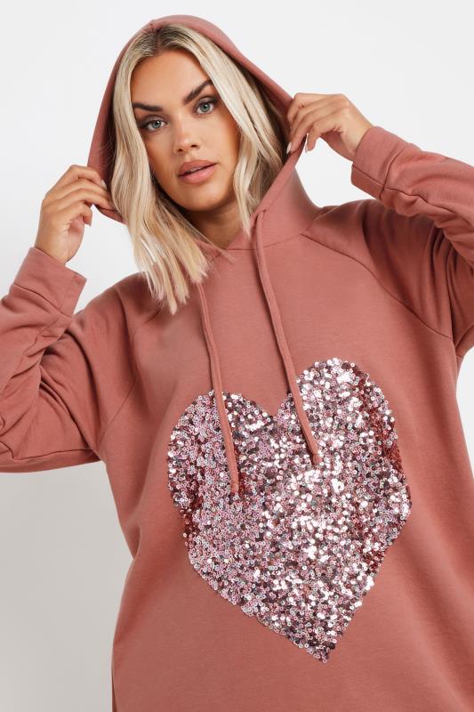 YOURS Plus Size Pink Sequin Embellished Heart Hoodie Dress | Yours Clothing  4