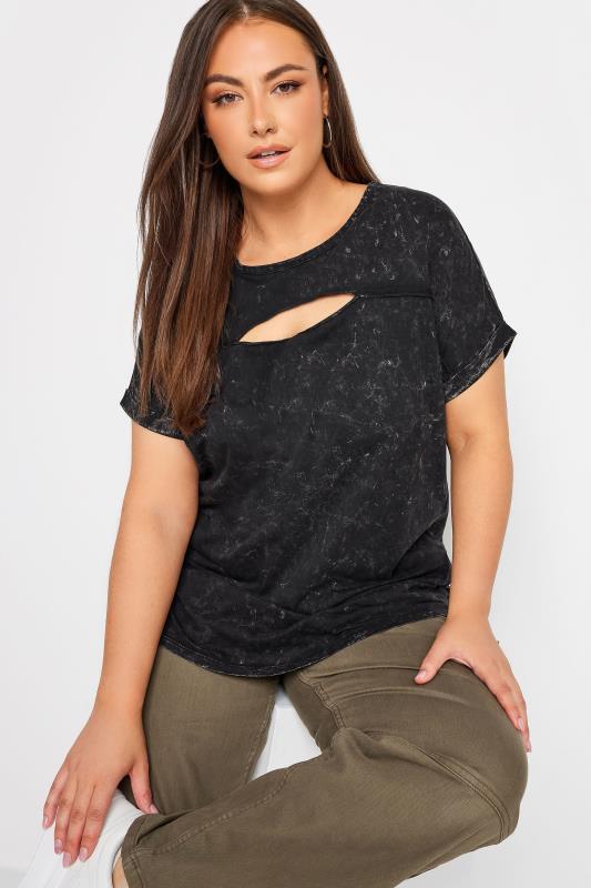 YOURS Plus Size Curve Black Acid Wash Cut Out T-Shirt | Yours Clothing  4