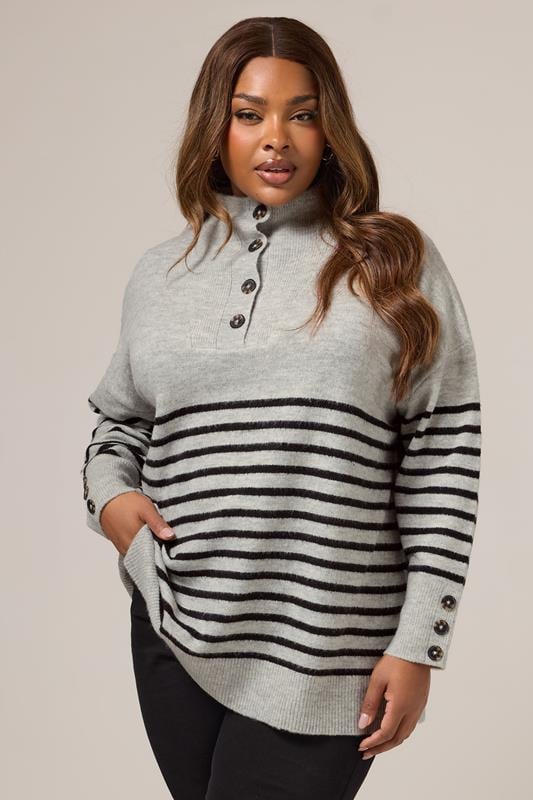  YOURS Curve Grey & Black Striped Button Neck Jumper