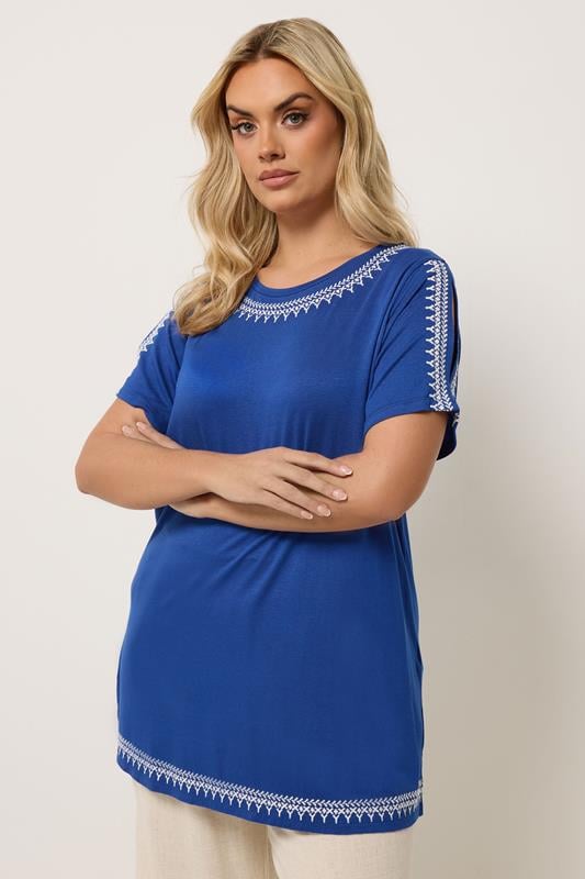  YOURS Curve Blue Embroidered Cold Shoulder T-Shirt