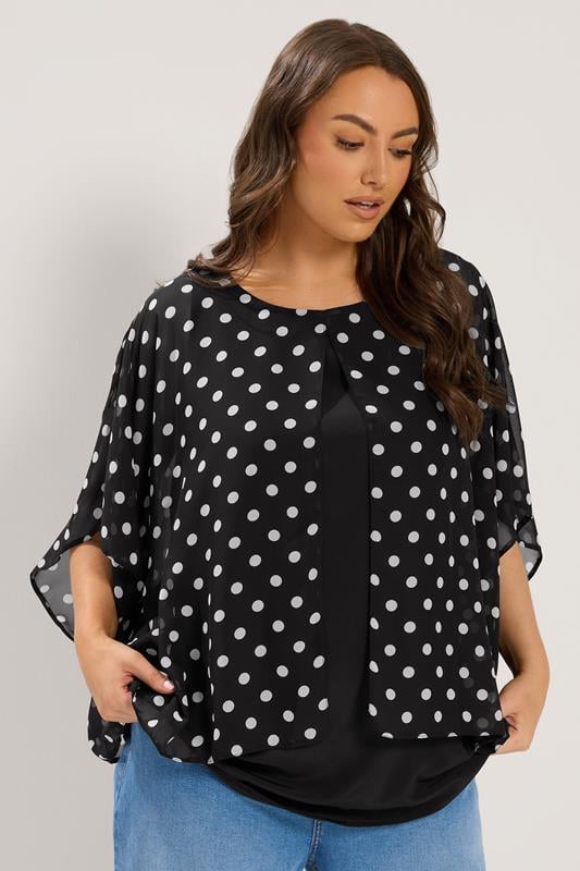 YOURS Plus Size Black Polka Dot Double Layer Top | Yours Clothing 1