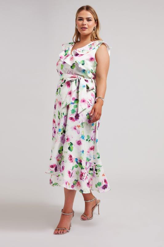 YOURS LONDON Plus Size White Floral Print Ruffle Wrap Dress | Yours Clothing 2