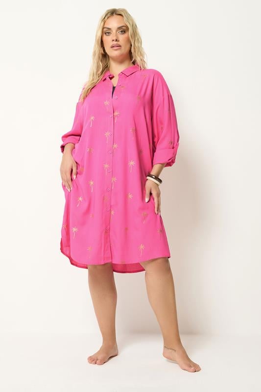  YOURS Curve Pink & Gold Palm Tree Shirt Dress