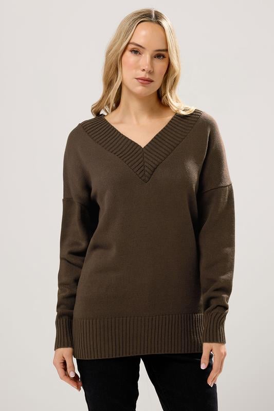  LTS Tall Chocolate Brown Knitted V-Neck Jumper